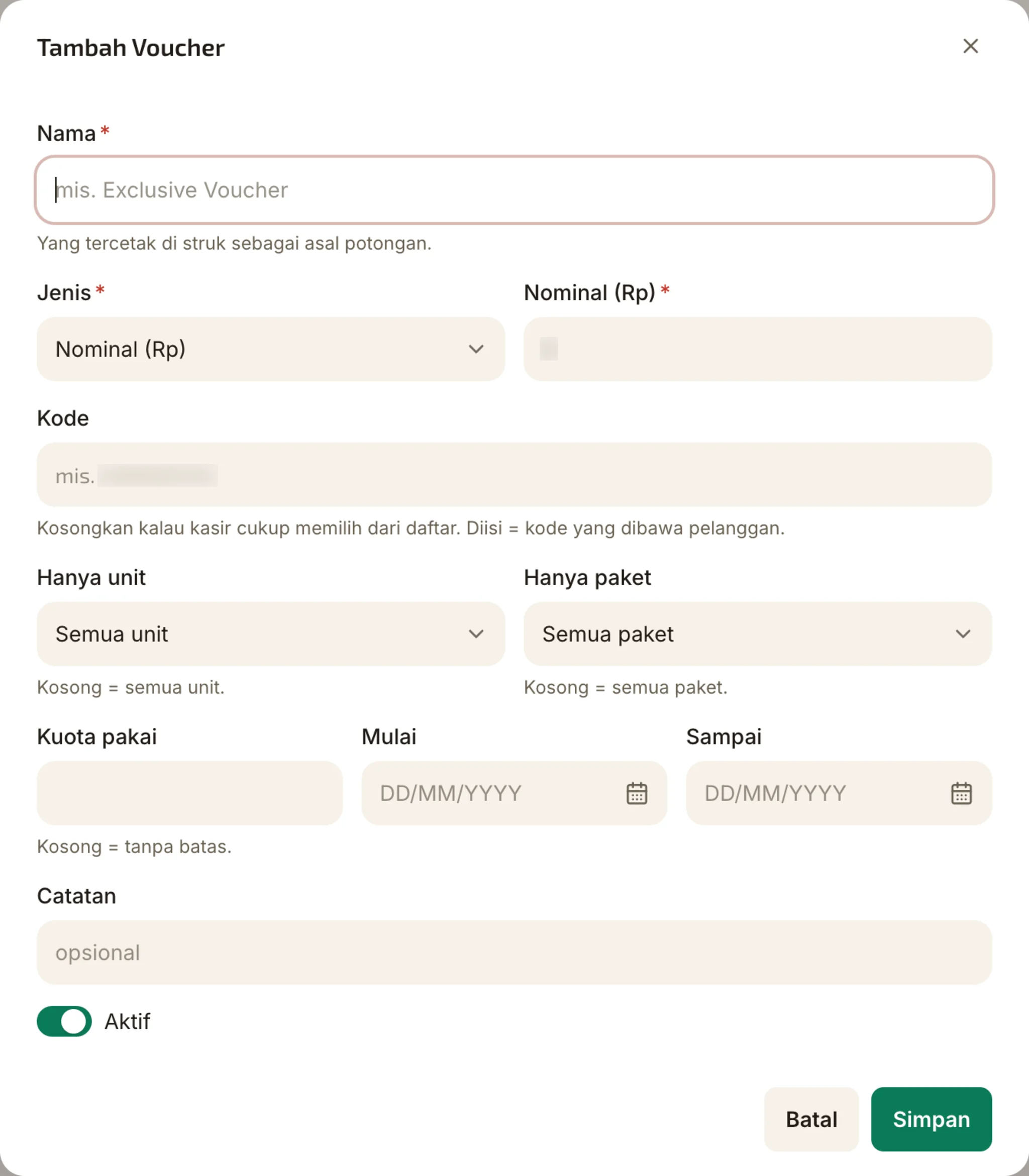 Vouchers with unit limits, quota, and a date range. Figures blurred.